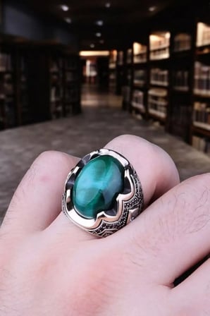Zorbey Kaplan Serisi Yeşil Kaplan Gözü Taşlı 925 Ayar Gümüş Erkek Yüzük
