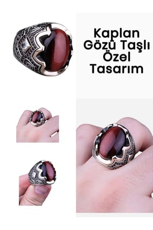 Zorbey Kaplan Serisi Kırmızı Kaplan Gözü Taşlı 925 Ayar Gümüş Erkek Yüzük