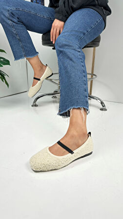 Günlük Kadın Babet Peluş Lastikli Oval Burunlu Alçak Topuklu Tırtıklı Tabanlı Ayakkabı 369