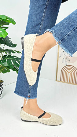 Günlük Kadın Babet Peluş Lastikli Oval Burunlu Alçak Topuklu Tırtıklı Tabanlı Ayakkabı 369