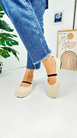 Günlük Kadın Babet Peluş Lastikli Oval Burunlu Alçak Topuklu Tırtıklı Tabanlı Ayakkabı 369