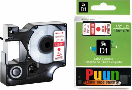 Dymo Labelmanager Serisi Elektronik Etiketleme Makinesi D1 45015 S0720550 12MM x 7 Mt. Muadil Beyaz Etikete Kırmızı Yazı Şerit Etiket Kaseti