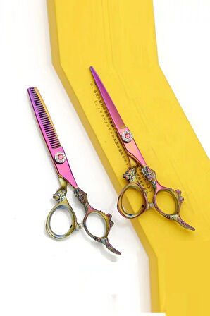 Rainbow İşlemeli Profesyonel Berber Kuaför Makas Seti Düz Makas Ara 2'li Makas Set XLQ502