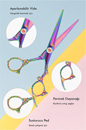 Rainbow İşlemeli Profesyonel Berber Kuaför Makas Seti Düz Makas Ara 2'li Makas Set XLQ502