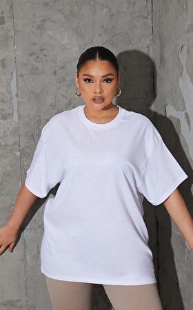 Beyaz Bisiklet Oversize Unisex Tişört Büyük Beden Kompakt Penye Rahat Kesim Spor T-shirt