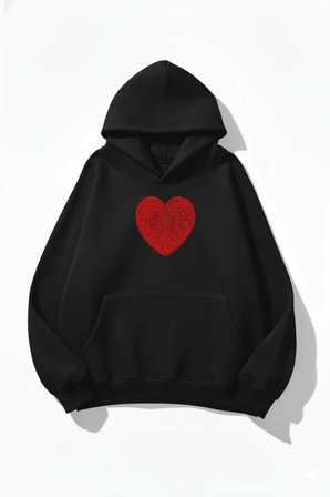 Unisex Yumuşak Dokulu Kalbin İzi Baskılı Tasarım Oversize 3 İplik Hoodie Sweatshirt