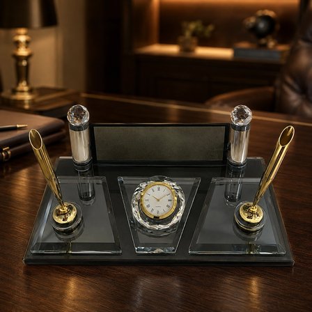 Kişiye Özel Lüks Kristal Masaüstü İsimlik - Gold Detay Saatli & Çift Kalemli