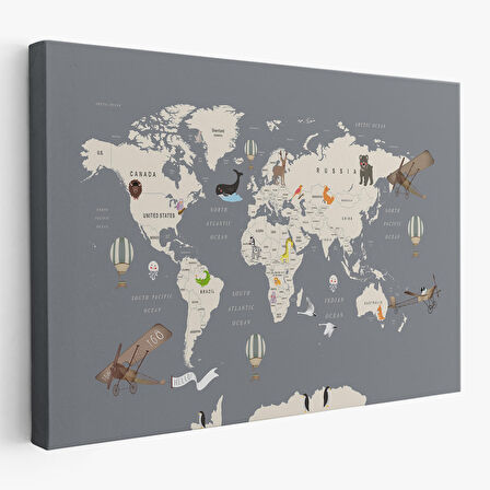 Çocuk Odası İçin Dekoratif Dünya Haritası Kanvas Duvar Tablosu-3698
