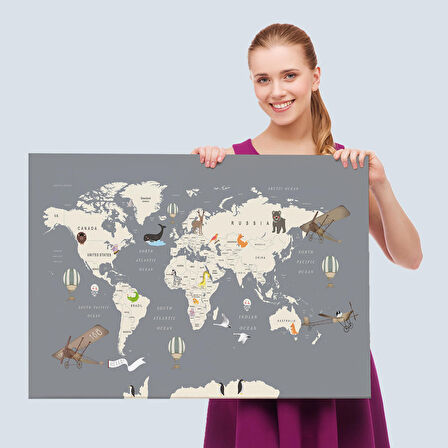 Çocuk Odası İçin Dekoratif Dünya Haritası Kanvas Duvar Tablosu-3698