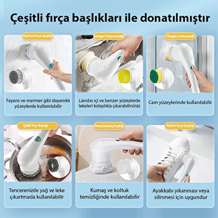 Ezere 5 Başlıklı Elektrikli Bulaşık, Küvet, Lavabo Ve Banyo Temizleme Fırçası