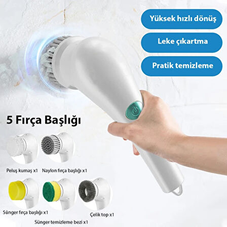 Ezere 5 Başlıklı Elektrikli Bulaşık, Küvet, Lavabo Ve Banyo Temizleme Fırçası