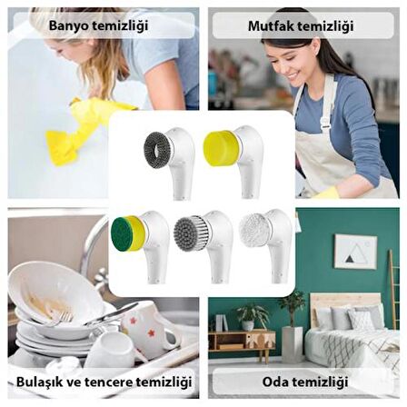 Coofbe Şarjlı 5 Başlıklı Profesyonel Temizlik Fırçası Bulaşık Küvet Lavabo Banyo Temizleme Fırçası