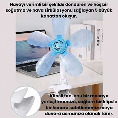 Coofbe DC 220V 1.5Mt Fiş Girişli Klipsli Masaüstü Vantilatör Ev Ofis Mini Fan Vantilatör Döner Başlık