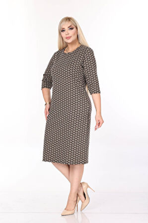 Çift Cepli Desenli Esnek Kışlık Büyük Beden Midi Elbise 36E-2705