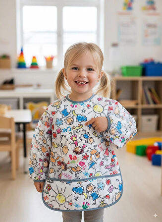 yorni 3-6 Yaş, Family, Sıvı Geçirmez, Makinede Yıkanabilir, Uzun Kollu Boyundan Bağlamalı Bebek Mama Önlüğü