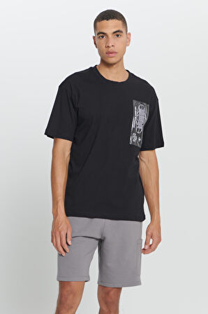 Loose Fit Bol Kesim %100 Pamuk Baskılı Bisiklet Yaka Tişört