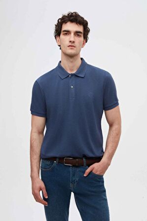 D'S Damat Regular Fit İndigo Pike Dokulu %100 Pamuk Kıvrılmaz Polo Yaka Nakışlı T-Shirt 4HC14ORT51000