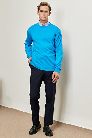 Erkek Turkuaz Standart Fit Normal Kesim Bisiklet Yaka Triko Kazak