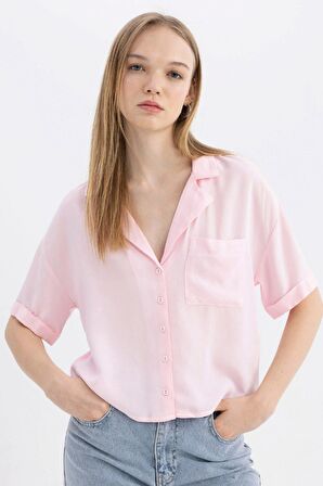 DeFacto Coool Oversize Geniş Kalıp Pijama Yaka Kısa Kollu Gömlek C3751AX24SPPN99