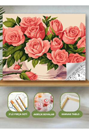 Sayılarla Boyama Seti 40x50 Cm (Çıtalı) Fırça Boya Dahil Numaralı Tuval Pembe Güller