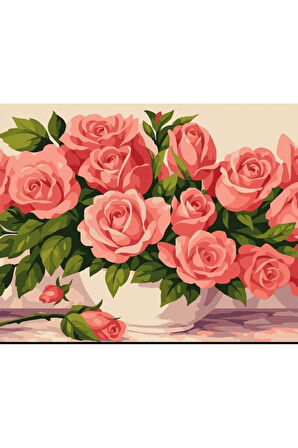 Sayılarla Boyama Seti 40x50 Cm (Çıtalı) Fırça Boya Dahil Numaralı Tuval Pembe Güller