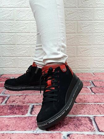 Voyager 8498 Siyah-Kırmızı Hakiki Deri Kaymaz Taban Fermuarlı Bağacaklı Bot