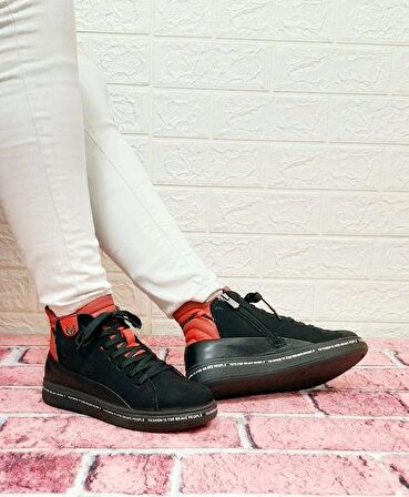 Voyager 8498 Siyah-Kırmızı Hakiki Deri Kaymaz Taban Fermuarlı Bağacaklı Bot