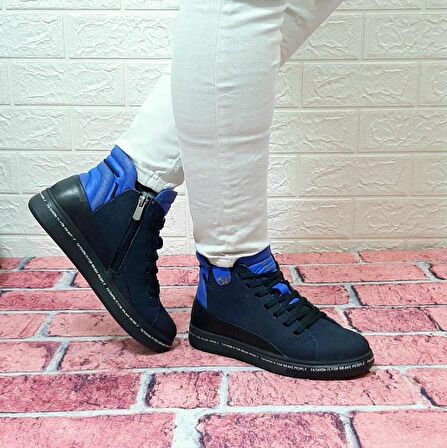 Voyager 8498 Lacivert Nubuk Hakiki Deri Kaymaz Taban Fermuarlı Bağacaklı Bot