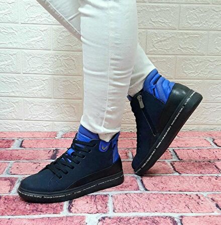 Voyager 8498 Lacivert Nubuk Hakiki Deri Kaymaz Taban Fermuarlı Bağacaklı Bot