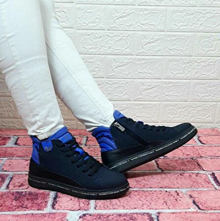 Voyager 8498 Lacivert Nubuk Hakiki Deri Kaymaz Taban Fermuarlı Bağacaklı Bot