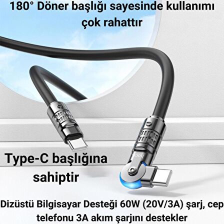 Coofbe Super Şarj Döner Başlıklı 60W Type-C to Type-C Şarj Kablosu Type-C Hızlı Data ve Şarj Kablosu