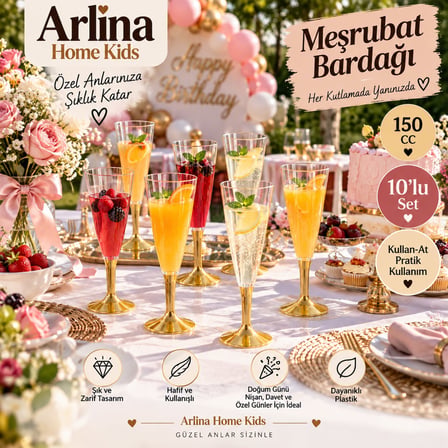 Arlina Home Kids Plastik Bardak Gold Taban 150 CC 10'lu Set