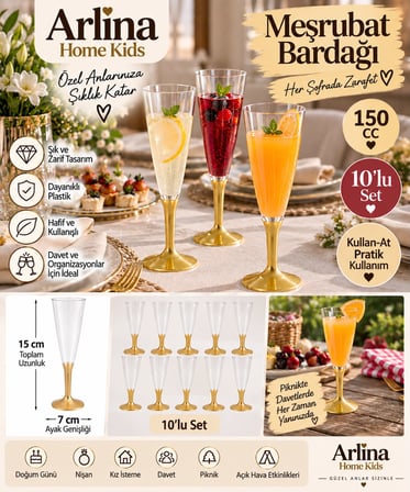 Arlina Home Kids Plastik Bardak Gold Taban 150 CC 10'lu Set
