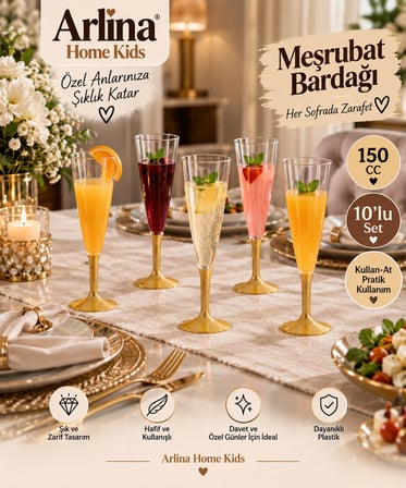 Arlina Home Kids Plastik Bardak Gold Taban 150 CC 10'lu Set