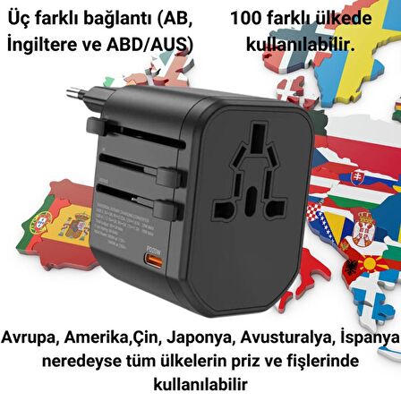 Coofbe Şarj Akım Korumalı 10A/250V Amerikan Ve Avrupa Priz Dönüştürücü Ve 2xUSB PD Şarj Başlığı Priz