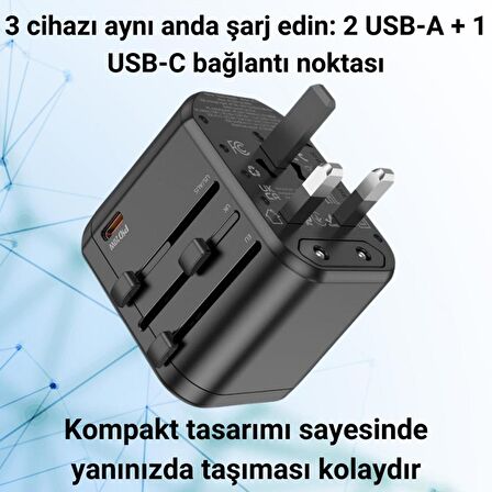 Coofbe Şarj Akım Korumalı 10A/250V Amerikan Ve Avrupa Priz Dönüştürücü Ve 2xUSB PD Şarj Başlığı Priz