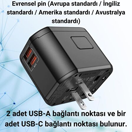 Coofbe Şarj Akım Korumalı 10A/250V Amerikan Ve Avrupa Priz Dönüştürücü Ve 2xUSB PD Şarj Başlığı Priz