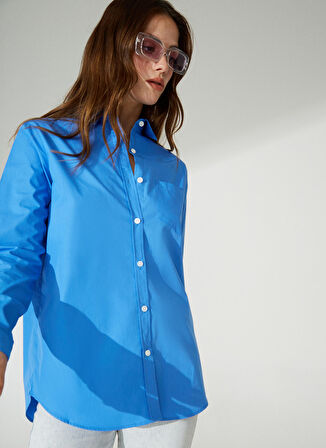 Marie Marot Normal Klasik Yaka Düz Mavi Kadın Gömlek MAJORELLE