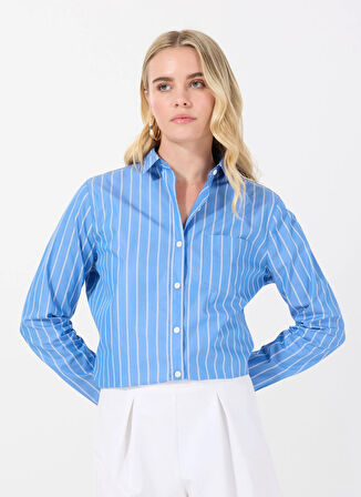 Marie Marot Normal Gömlek Yaka Çizgili Mavi Kadın Gömlek NANA