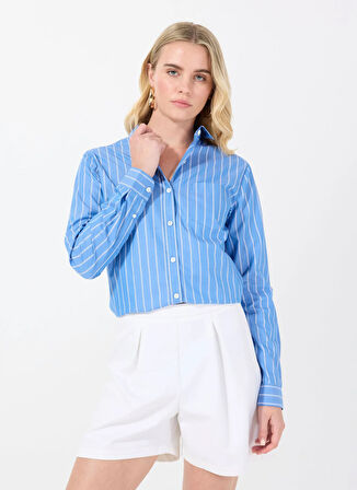 Marie Marot Normal Gömlek Yaka Çizgili Mavi Kadın Gömlek NANA