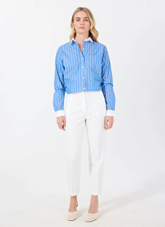 Marie Marot Normal Gömlek Yaka Çizgili Mavi Kadın Gömlek HELEN