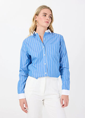 Marie Marot Normal Gömlek Yaka Çizgili Mavi Kadın Gömlek HELEN