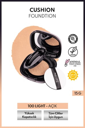 Note Cushion Foundation SPF 50 PA++++ Yoğun Kapatıcı, Doğal Saten Bitişli Fondöten – 100 Light Açık