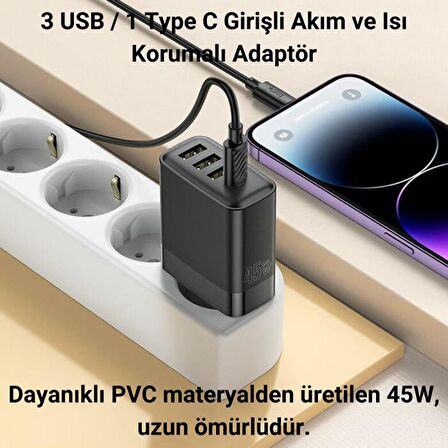 Coofbe Super Şarj 45W 3xUSB 1XPD Şarj Başlığı Ve Type-C Şarj Kablo Seti İphone Şarj Akım Korumalı