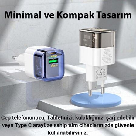 Coofbe Şarj Akım Koruma PD+USB Girişli QC3.0+PD30W Şarj Başlığı Samsung Huawei Xiaomi İphone Şarj Uyumlu