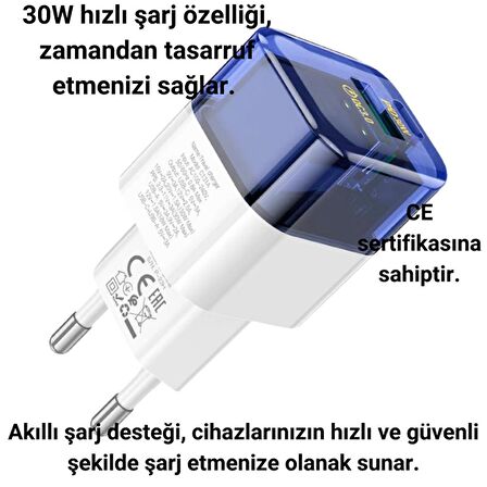 Coofbe Şarj Akım Koruma PD+USB Girişli QC3.0+PD30W Şarj Başlığı Samsung Huawei Xiaomi İphone Şarj Uyumlu