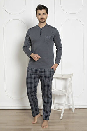 Erkek Ekose Desenli Likralı Pamuk Uzun Kol Kışlık İnterlok Göğüs Cepli Pijama Takımı 