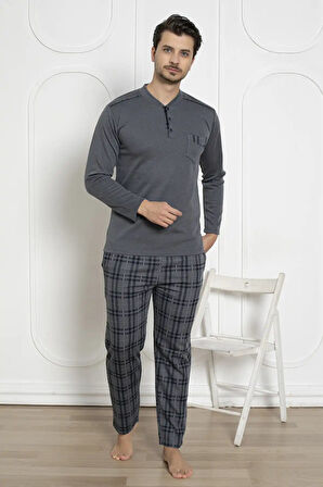 Erkek Ekose Desenli Likralı Pamuk Uzun Kol Kışlık İnterlok Göğüs Cepli Pijama Takımı 
