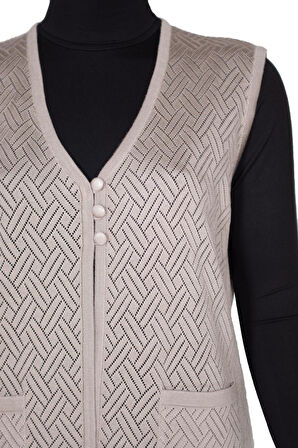 Hesna Kadın Yakut Triko Ajurlu Cepli Düğmeli Yırtmaçlı Taş Beji Yelek