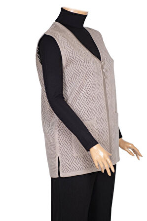 Hesna Kadın Yakut Triko Ajurlu Cepli Düğmeli Yırtmaçlı Taş Beji Yelek